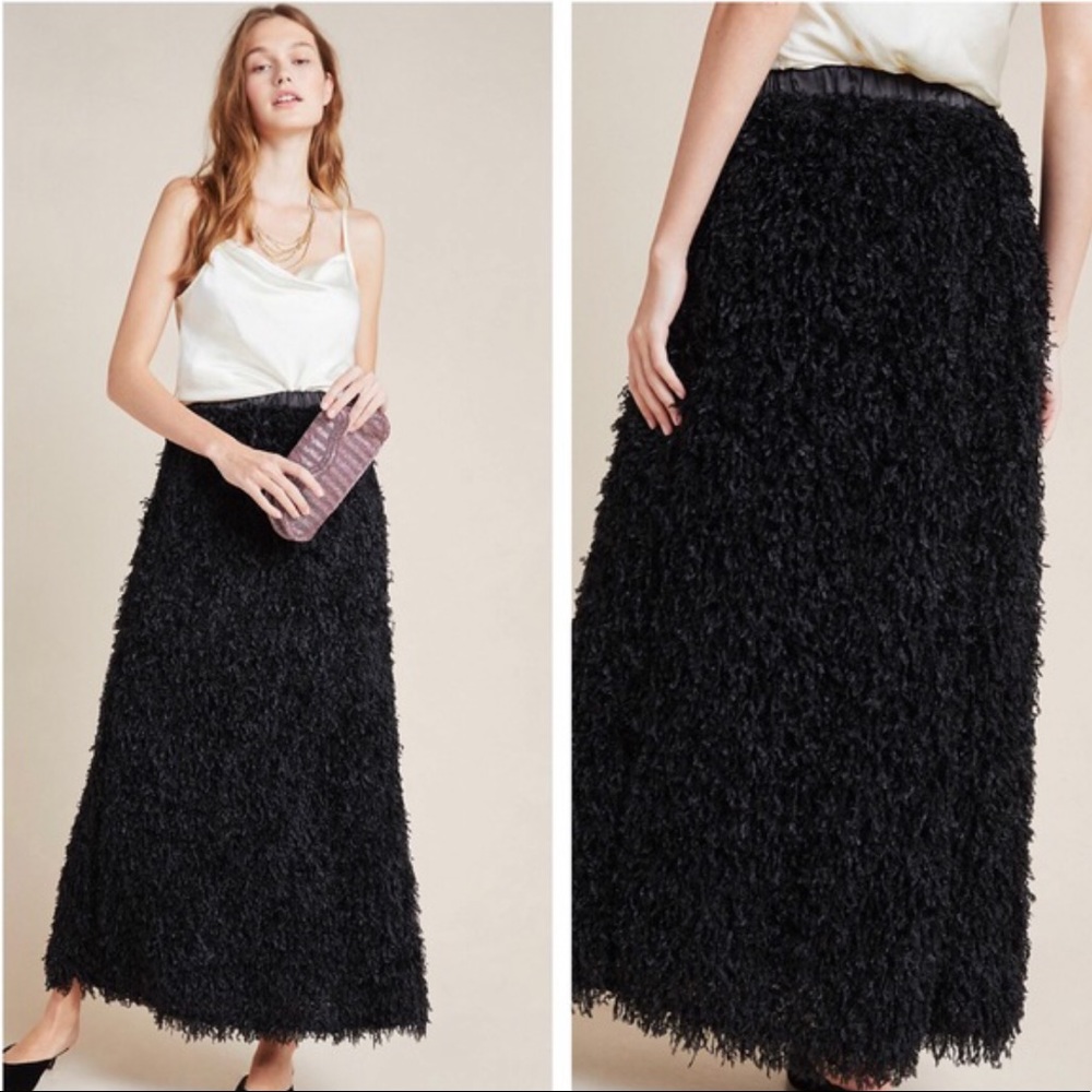 Anthropologie Feathered Eyelash Black Maxi Skirt Size Small NWT